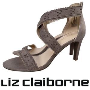 Liz Claiborne Gisela Suede Strappy Kitten Heels Laser Cut Scalloped Edge Sz: 7